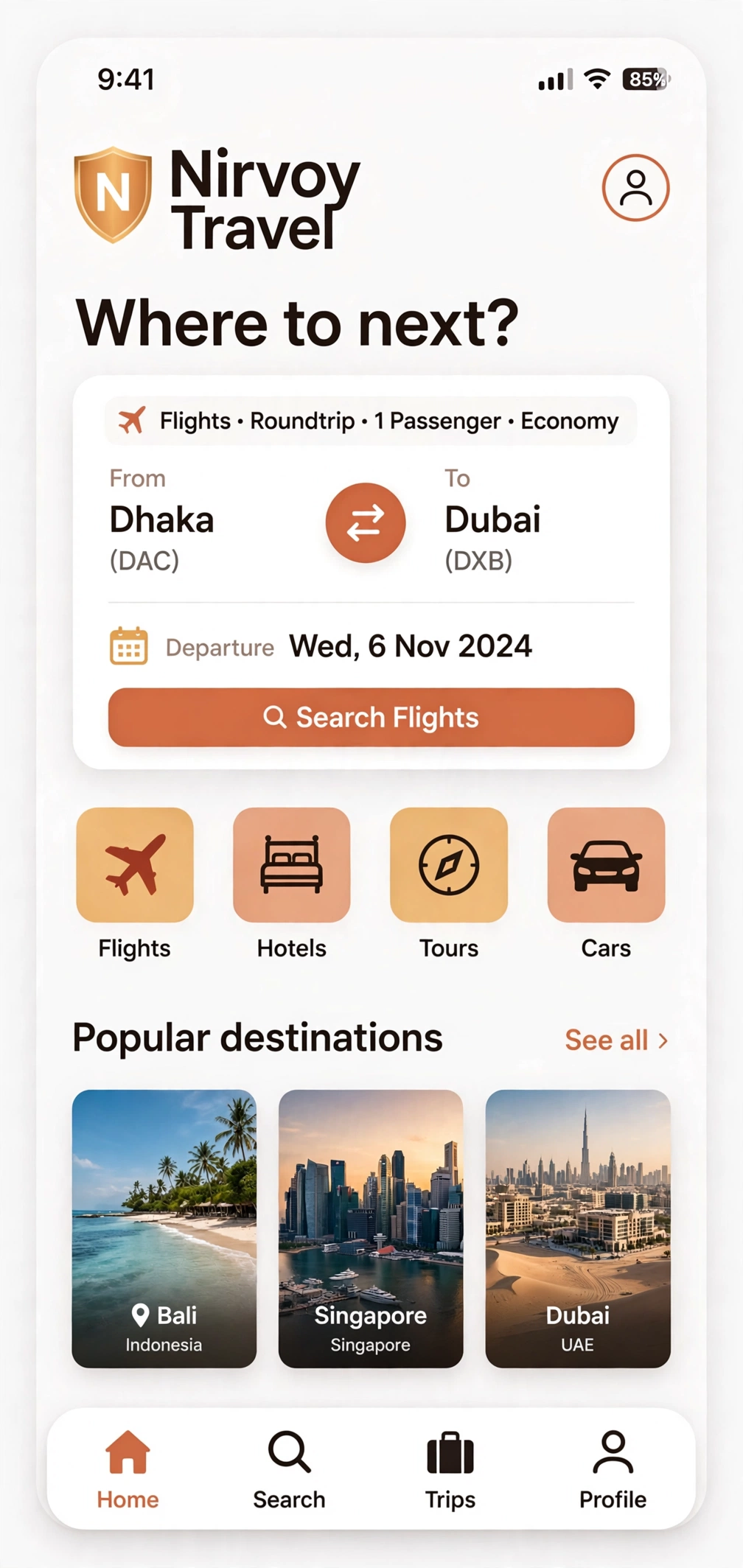 Imagined Nirvoy Travel app — flight search, services and popular destinations